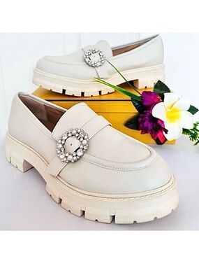 CROWN & IVY ~ Off-White Ivory Slip On Loafers w/Crystal Embellishments size 7.5